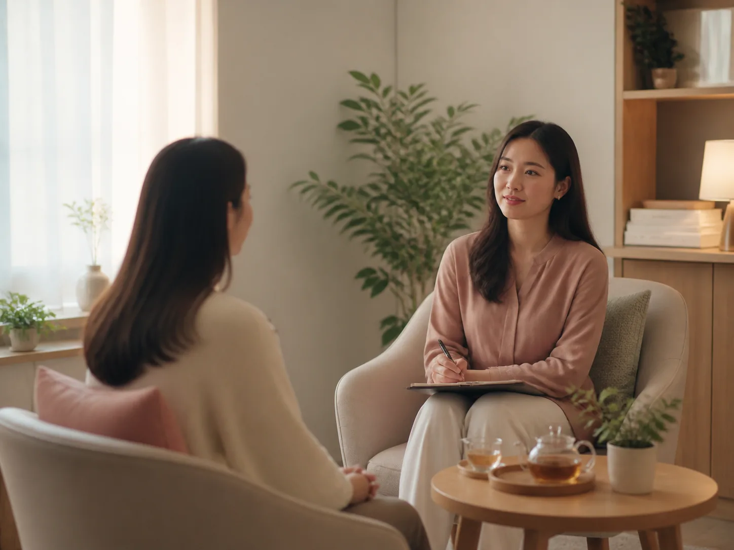상담실에서 대화하는 성인 내담자와 상담사