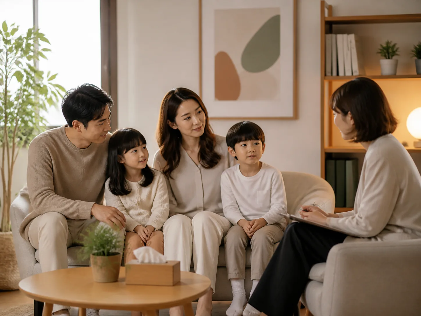 상담사와 함께 대화하는 가족
