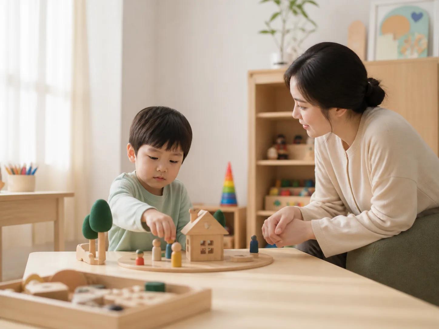 놀이치료실에서 상담사와 놀이하는 아이