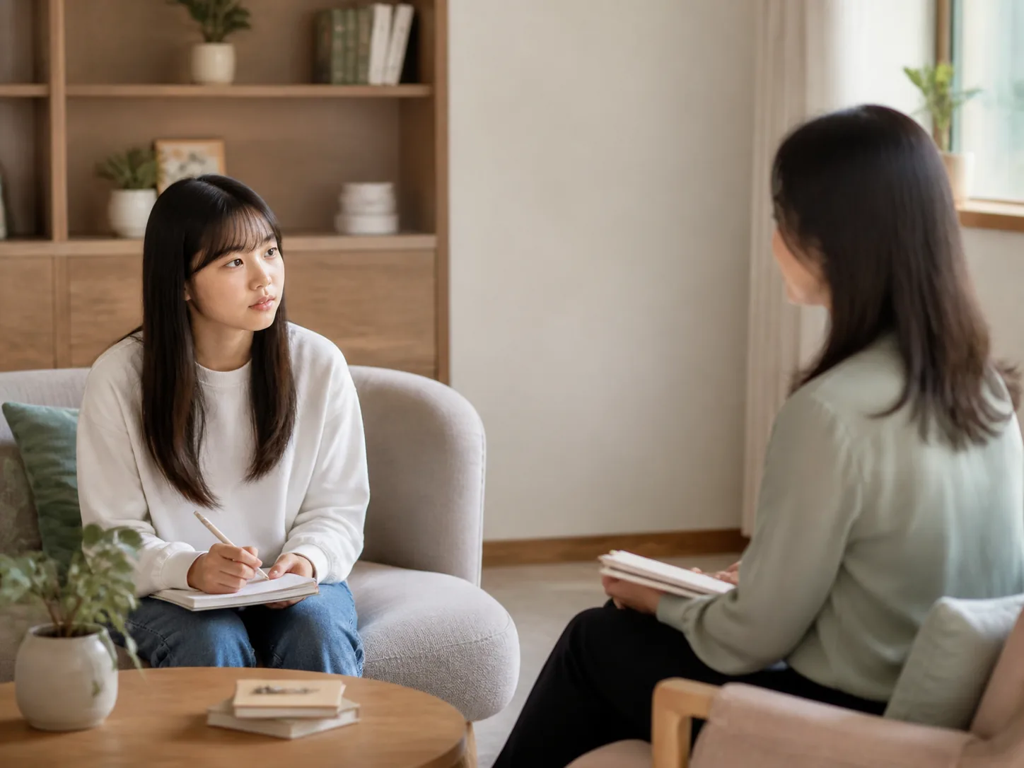 상담사와 대화하는 청소년
