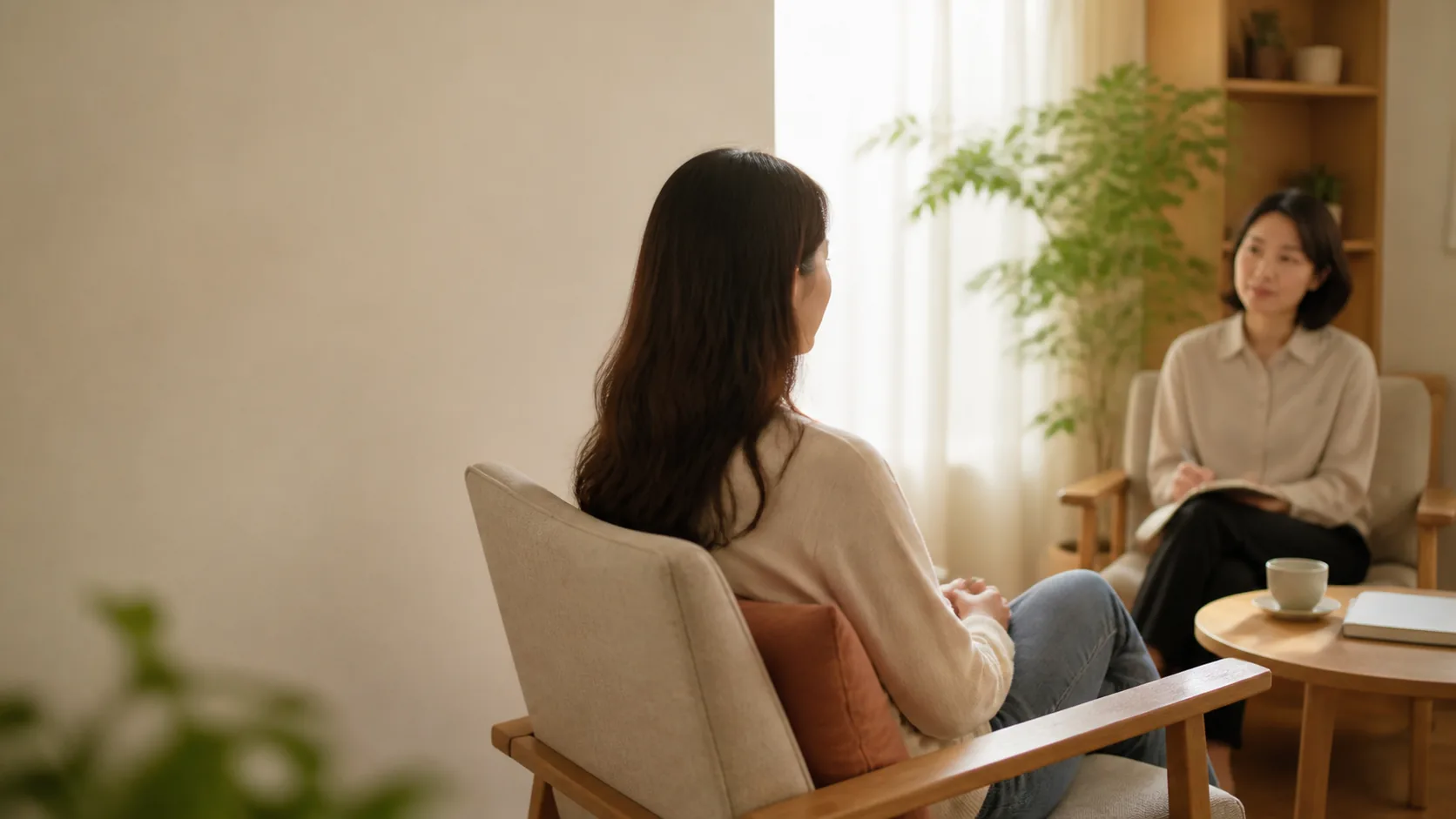 상담사와 내담자가 마주 앉아 이야기하는 상담 장면